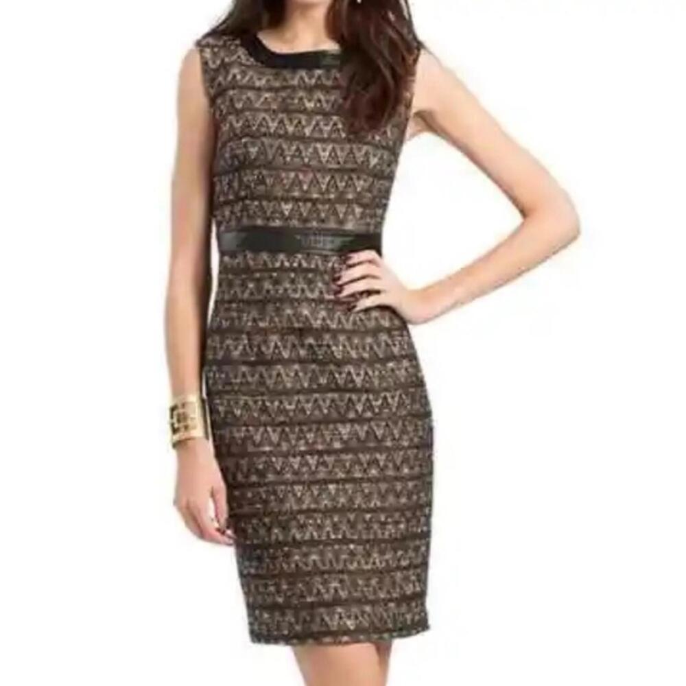 TRINA TURK  Tweed Sleeveless Sheath Dress Black Brown Cream Leather Trim Size 0